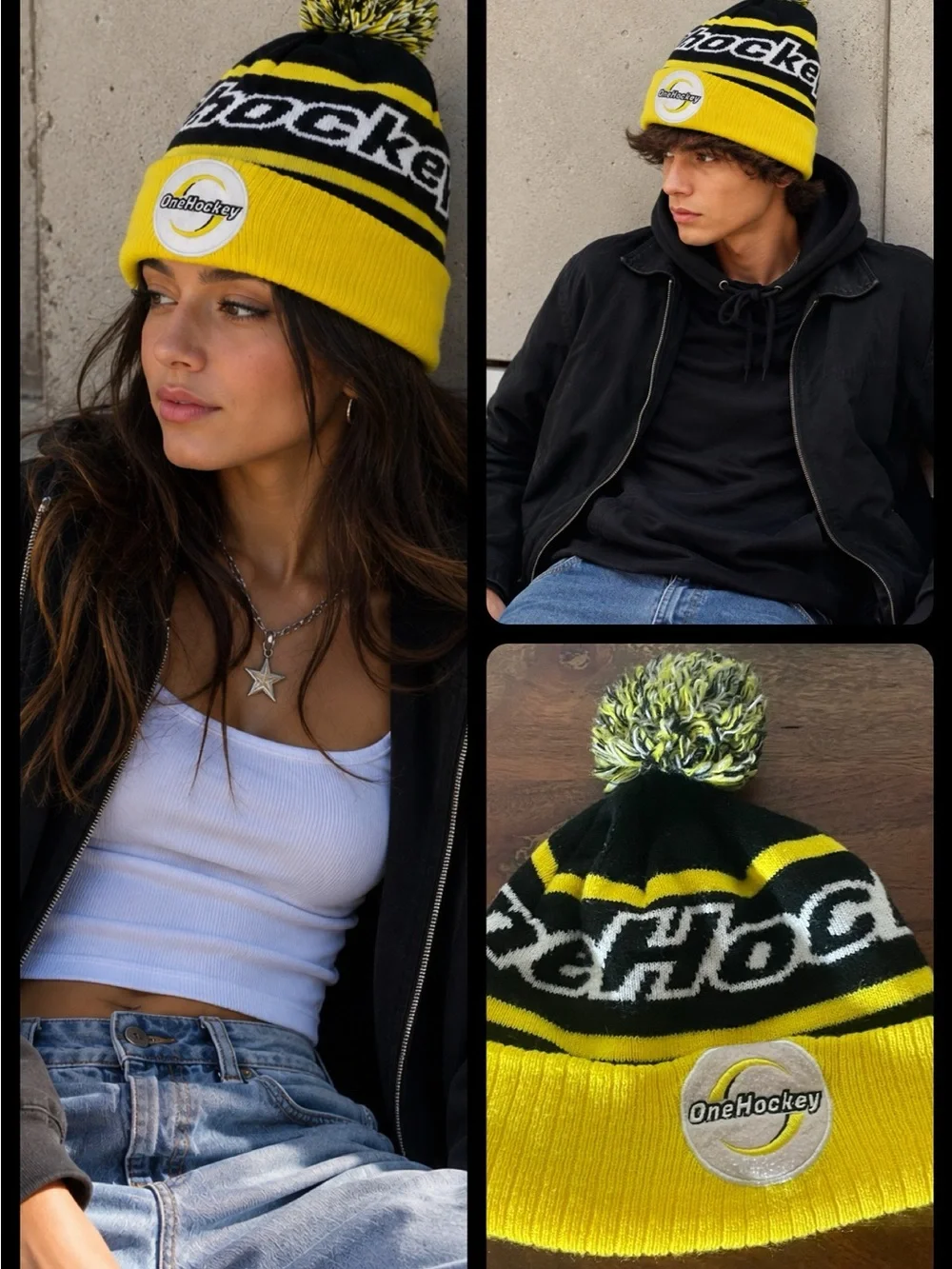 OneHockey Black Yellow Pom Pom Beanie Unisex Hockey Winter Hat